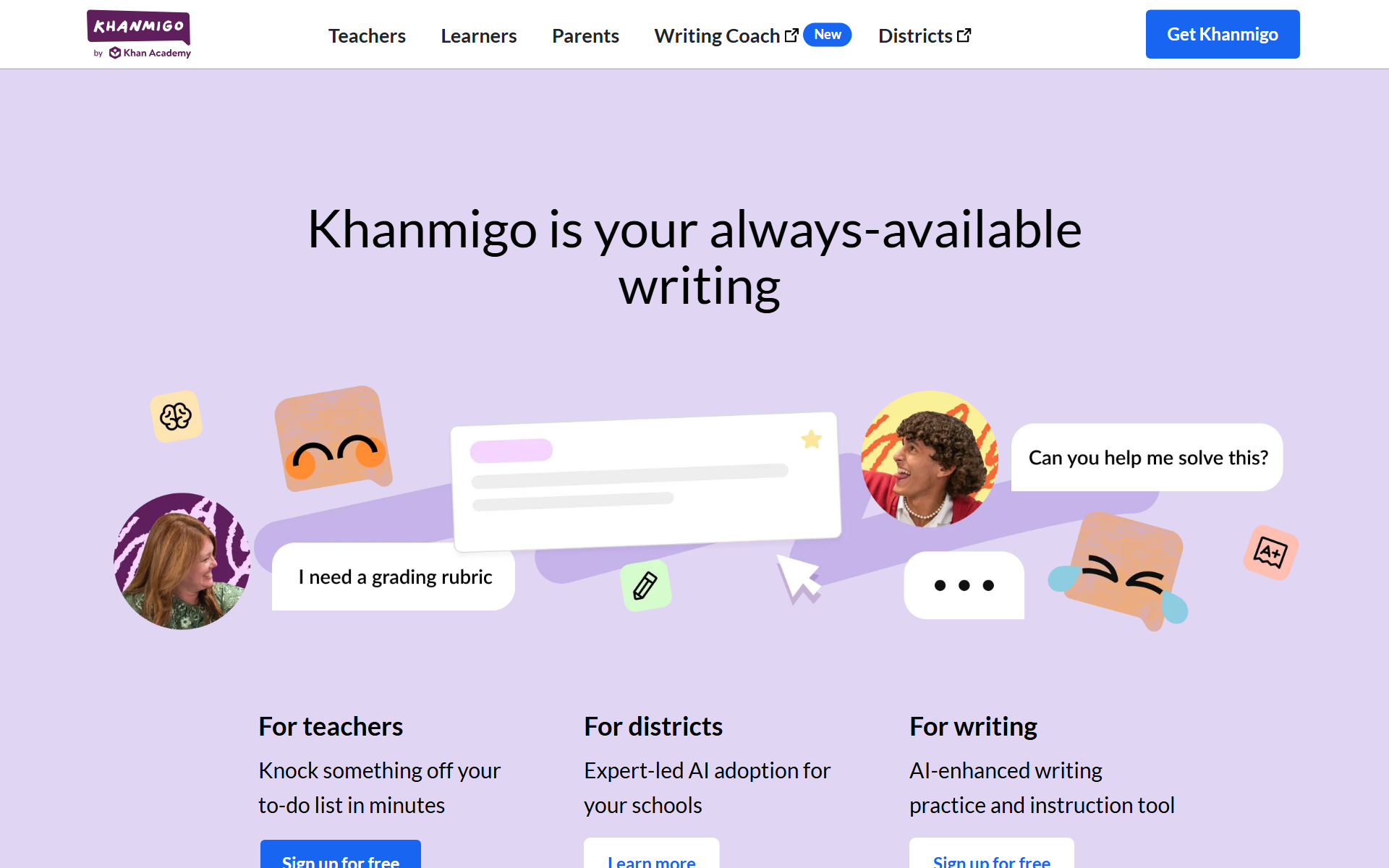 Khanmigo's homepage — 'Khanmigo is your always-available tutor' — with example tutoring chat bubbles and For teachers / districts / writing sections.