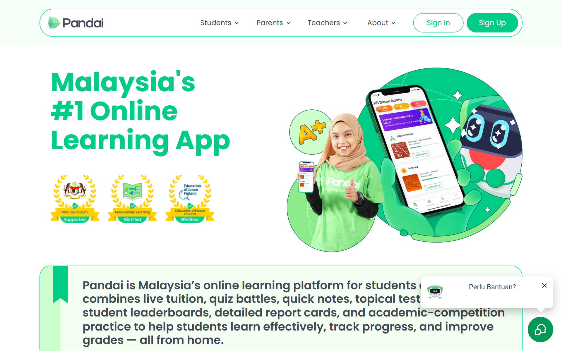 Pandai's homepage — 'Malaysia's #1 Online Learning App' — showing the app's quiz levels and school leaderboard on a phone, with MOE Curriculum and Education Alliance Finland badges.